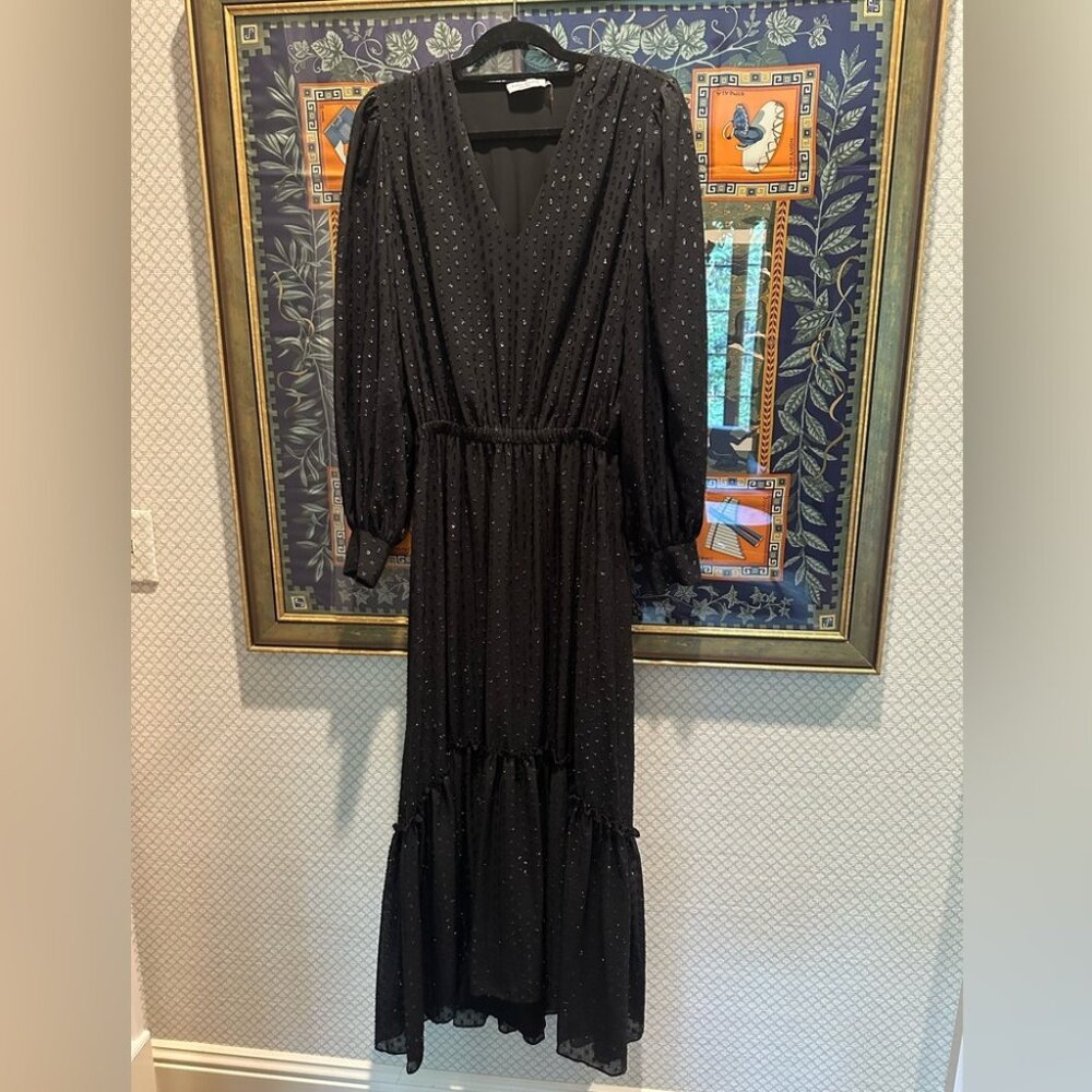 Ramy Brook Rora Medium Black sparkly long sleeve dress , Swiss dot